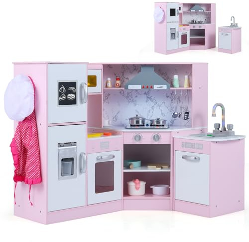 GYMAX Kids Corner Kitchen, Pretend Play Kitchen with Separated Washing Basin, Stoves, Microwave, Range Hood, Ice Maker, Chalkboard, Dish Washer, Sounds & Lights, Toy Kitchen for 3 + Years Old (Pink)