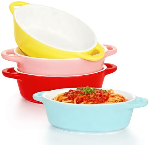 4 Small Oval Dishes, Mini Ceramic Baking Dishes, Set of Oval Casseroles in Assorted Colours, Individual Portion Size &Children's portion for Lasagne, Pie, Casseroles,Dishwasher & Oven Safe