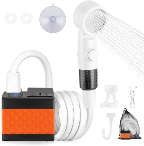 Adiwo Doccia da Campeggio, Doccia Portatile Ricaricabile, kit di lavaggio impermeabile ricaricabile, 6000 mAh Batteria, Tubo 2 m, 3 modalità di spruzzo regolabile per Spiaggia, Auto, Animali, Giardino