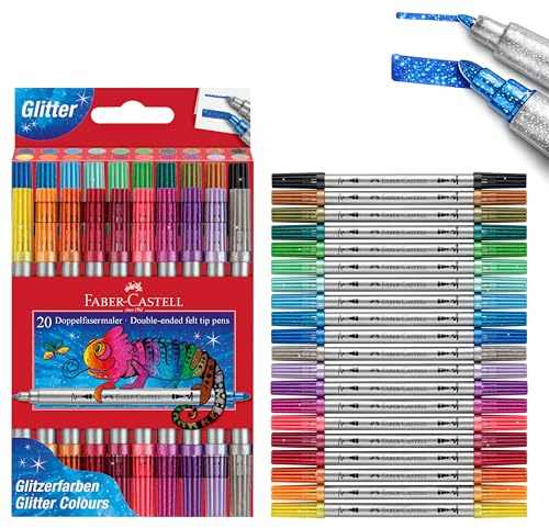 Faber-Castell – filtpennor set glitter, 20 dubbelfibermålare | Med fin och bred spets – målarpennor för barn och vuxna