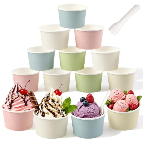 XIMEY Glassbägare papp 100 stycken 180 ml pappersmugg, glassbägare papper med sked, dessertmugg kartong, isskålar, engångspapper kakbägare för glass, desserter, yoghurt (50, F)