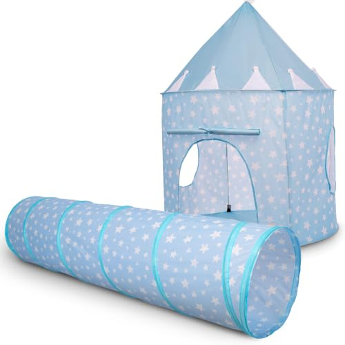 Relsy Blue Tunnel & Play Tent For Kids Bundle, Indoor/Outdoor Playhouse Foldable Play Tent For Children With 180cm Pop-Up Tunnel, Ball Pit & Garden Toys, Soft Baby Blue Star Design