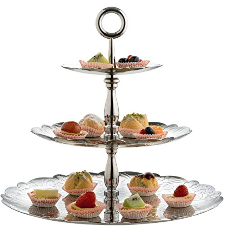 Alessi MW52/3 Dressed for X-Mas Etagere mit DREI Ebenen aus Edelstahl 18/10,glänzend poliert mit mit Reliefdekor, Stahl, Silver, 34 x 34 x 31 cm