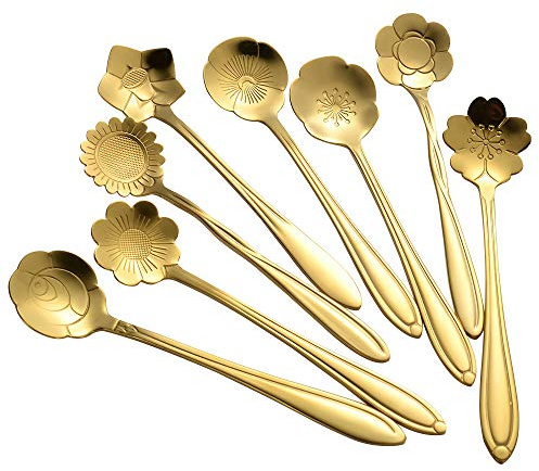 AnSaw 8 Piece Flower Scoop Set, Stainless Steel Reusable Tea Scoops Cake Spoon Set for Tea Parties (4.9 Inch, Gold)