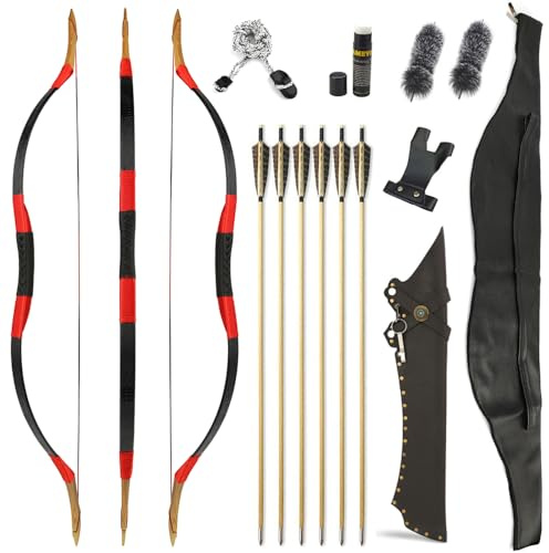 Archery Traditional Recurve Bow and Arrows Set Wooden Handmade Mongolian Horsebow Hunting Bow 25-55lbs Longbow for Adult Hunting Practice (Type 8, 25lbs)