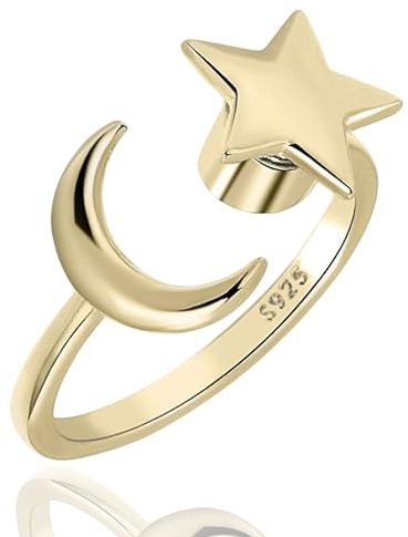 Halukakah Anillo Giratorio Contra Ansiedad Chapado en Oro de 18K:Joyería Elegante para Aliviar Estrés con Luna y Estrella y Spinner de Cuentas,Ajustable en Tamaño,Regalo para Mujeres,Niñas,Hija y Mamá