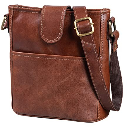 LEABAGS Leder Handtasche Damen I Premium Echtleder Umhängetasche I Damen Schultertasche I Damentasche I Tragetasche für Arbeit Uni Schule Freizeit I Größe L (31 x 29 x 13 cm) I Vintage Cognac