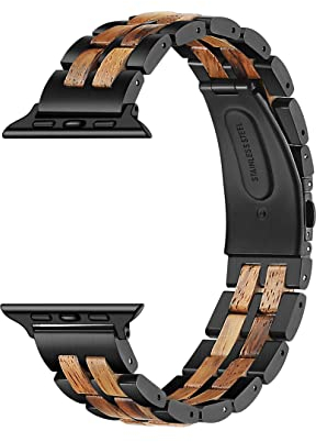 Holz & Edelstahl Band kompatibel mit Apple Watch 45 mm 44 mm 42 mm, Holzglieder-Uhrenarmband für Herren, Apple Watch Armband Ersatz SE Serie 4 5 6 7 (42/44 mm, Stil 2)