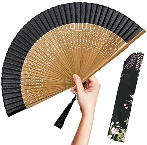OMyTea Folding Hand Fan for Women - Foldable Chinese Japanese Vintage Bamboo Silk Fan - for Hot Flash, Church, EDM, Music Festival, Party, Dance, Performance, Decoration, Gift (Sexy Bamboo)