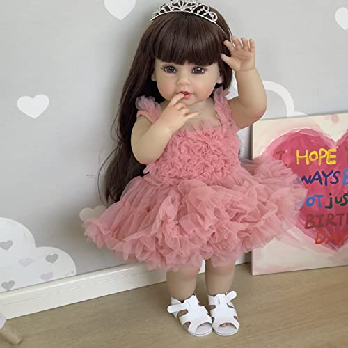 Anano Reborn Baby Vollsilikon Lebensecht Günstig 22 Zoll Reborn Puppe Silikon Baby Puppe Mit Haaren Und Schöne Prinzessin Kleid