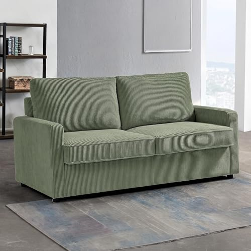 Reversible Sleeper Sofa Bed with Comfortable Memory Foam Mattress, Convertible Corduroy Full Size Pull Out Couch for Living Room, Space Saving Furniture, 70 Wide, Rectangular Arms, Dark Green