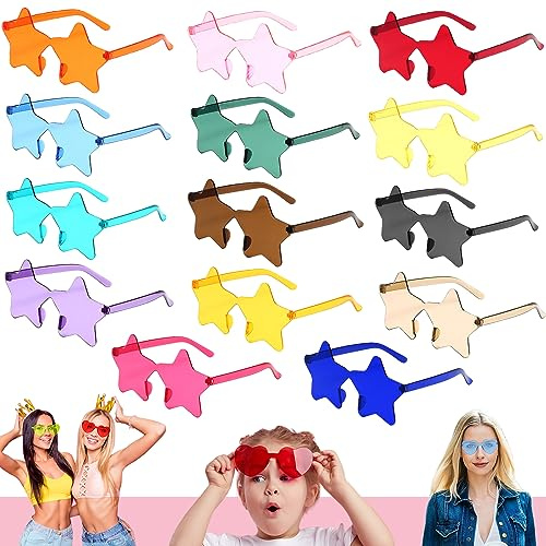 14 pièces Forme d'étoile Lunettes de Soleil Sans Cadre Fête,Lunettes Couleur Candy Transparente pour Hommes Femmes Enfants,Accessoires pour Photobooth Festival Disco Bachelorette Party Anniversaire