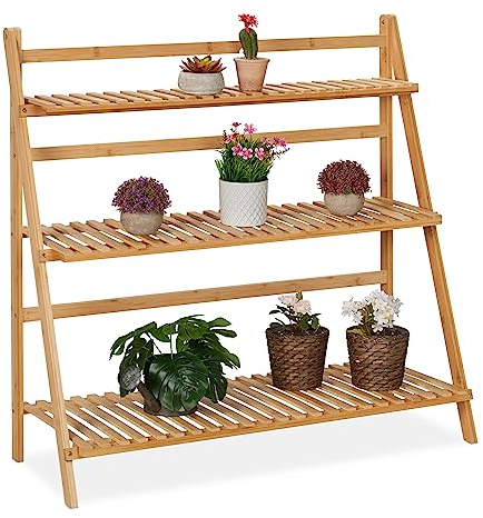 Relaxdays Blumenregal aus Bambus, Pflanzenständer mit 3 Ebenen, HxBxT: 96 x 99,5 x 37 cm, klappbare Blumentreppe, Natur