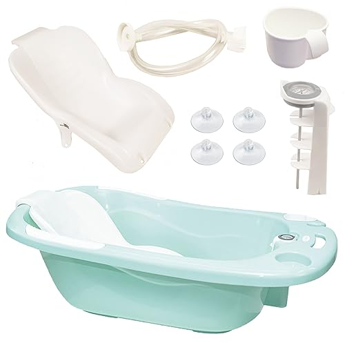 Olmitos - Cubeta Bañera para Bebé | Incluye Reductor Antideslizante y Termómetro de Agua, válvula de vaciado y cacito para agua | Desde 0+ Meses (Menta)