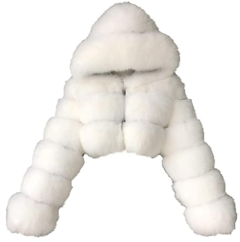 PengGengA Cappotto di Pelliccia Sintetica da Donna Morbido Cappotto di Peluche con Cappuccio Cardigan in Pelliccia Sintetica Giacca Corta Crop Top Manica Lunga - Bianco, L