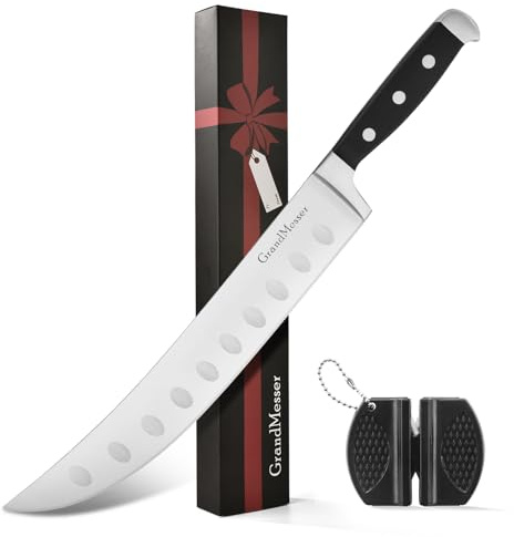 GrandMesser Butcher Knife, 10″ Cimeter Breaking Knife for Meat Cutting, Forged High Carbon Steel, Triple Riveted Ergonomic Handle Design.