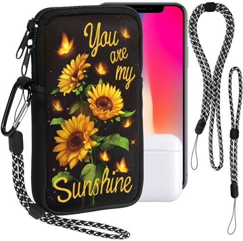 Phone Sock, Neoprene Phone Pouch with Carabiner and Straps, Universal Bag for Smartphones, Compact Sleeve Case for Travel Hiking, Shock Absorbing Pouch Case up to 7, Gift for Women Girls, Sunflower