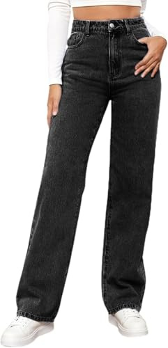 MANGGUO Jean Femme Taille Haute Coupe Droite Straight Jeans Baggy Jambes Larges amincissantes avec Tous Les Pantalon Automne Hiver Elastique Classique en Denim Jean Coupe（Couleur：Noir,Size：XXL）