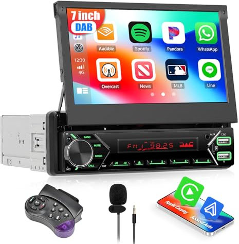 SIXWIN 1 Din Autoradio con Wireless Carplay Android Auto Mirror Link, 7 Pollic Auto Pieghevole Touchscreen Autoradio mit Schermo Controllo del Volante/Bluetooth 5.0/USB/FM/AUX/DAB