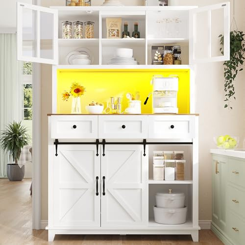 LAKFEW Credenza Cucina Alta con illuminazione-LED, Mobile Dispensa con Ripiani Regolabili, Mobile Cucina con Cassetti e Ante, 105×38.4×180 cm, Bianco