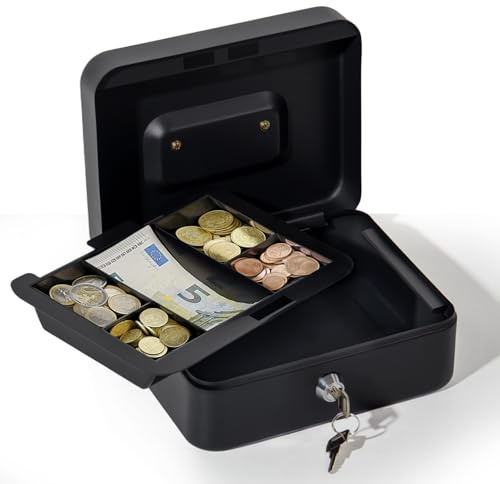 Theo&Cleo Caisse à monnaie verrouillable avec 5 compartiments (20 x 16 x 8,5 cm), caisse en acier pour billets et pièces de monnaie, petite boîte à monnaie avec clé pour bureau, maison (noir, 20 x 16