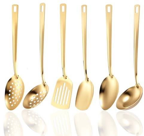 6 stycken köksredskap i rostfritt stål hållbara rostfria köksredskap set med slitspatel massiv spatel slev serveringssked sil soppsked köksredskap tillbehör (guld)