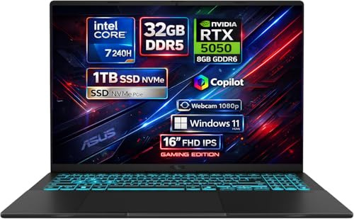 ASUS Computer Portatile PC Gaming 16 FHD IPS, Intel Core 7 240H 5,2GHz, RAM 32GB DDR5, SSD 1TB NVMe, NVIDIA RTX 5050 8GB GDDR6, WiFi 6E, Copilot IA, Webcam 1080p, Tastiera Retroilluminata, Windows 11