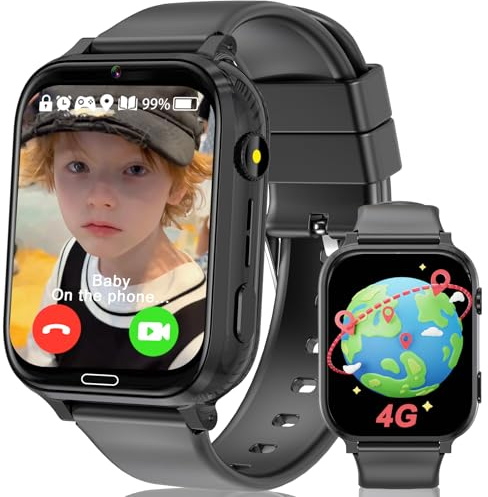 MOONKIDS 4G Orologio Smartwatch Bambini, Smartwatch con Sim, Fotocamera Torcia Sveglia Audiolibri, Orologio Intelligente per Ragazza e Ragazzo (Nero 4G)