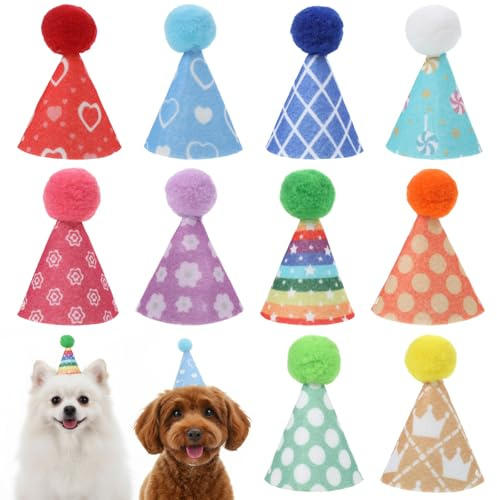 10 mini cappelli colorati per feste, graziosi cappelli per feste con pompon per gattini, conigli, cani e animali di peluche, cappello a cono regolabile per compleanni e celebrazioni