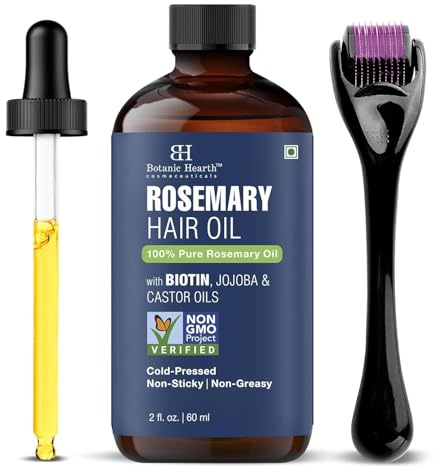 Botanic Hearth Huile capillaire au romarin avec Derma Roller 60 ml | Huile capillaire avec biotine et Derma Roller pour des cheveux plus forts et pleins. Convient aux hommes et aux femmes