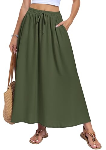 AUSELILY Womens Maxi Skirts with Pockets High Waist Elastic A Line Summer | Bow Tie Decoration Casual Long Skirt Boho Beach Outfits Lightweight Woven Fabric
