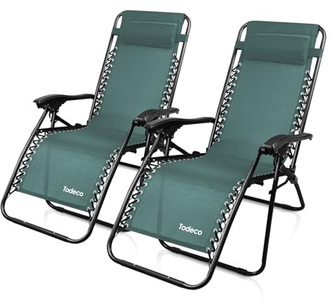Todeco Chaises Longues Zéro Gravité Lot de 2, Fauteuils Relax de Jardin Pliables en Textilène Respirant avec Repose-Tête, Dossier Inclinable Multiposition, Bain de Soleil Terrasse Balcon Piscine, Vert