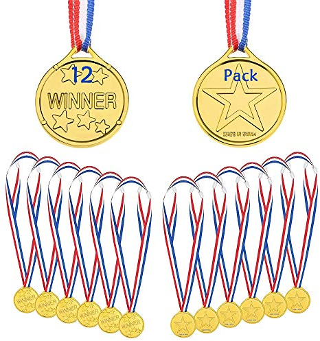 KANOSON Medaillen Gold, 12 Stücke Kunststoff Gewinner Kinder Medaille Olympics Goldmedaillen, Medaillen für Kindergeburtstag Party Spiele Prizzes Sportstag Spielzeug Wettbewerb Auszeichnungen