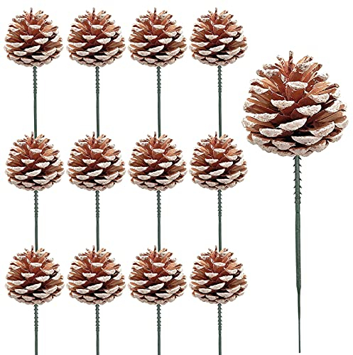 20Pcs 2 Inch Snow Tipped Natural Pine Cones, 5 Inch Green Pine Cone Sticks for Craft Garland Xmas Tree Decorations Wreath Ornaments Home Party Holiday Decor