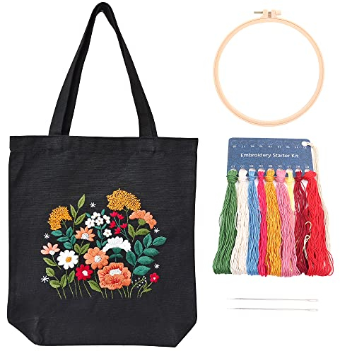 Schwarze Stickset Tragetasche, Canvas Tragetasche Damen, Stickset mit Muster und Anleitung für Anfänger, Sticktasche Stickerei Set Erwachsene mit Blumenmuster Farbfäden Stickrahmen und Werkzeug