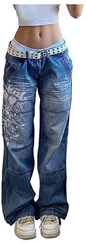 Boyfriend Jeans tonåring flicka Y2K jeans säckig låg midja jeans cargobyxor vintage utsvängda ben vida ben damjeans E-girl Harajuku streetwear byxor byxor byxor, blå, S