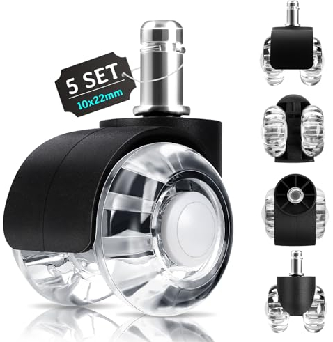 LUZOON Ruedas para Silla Oficina,10X22MM 5 Pcs Ruedas para Silla Oficina, 360 grados, rotación sin arañazos, para parquet, alfombras, laminado y azulejos, Silencioso, Seguro, Duradero