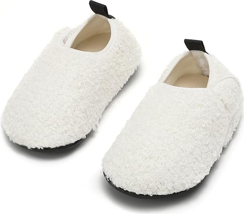 BARFULKER Chaussons d'hiver chauds pour enfant garçon - Chaussures d'apprentissage chaudes pour fille - Chaussons pour bébé - Confortables et légers - Antidérapants - Chaussures pieds nus (blanc, 26