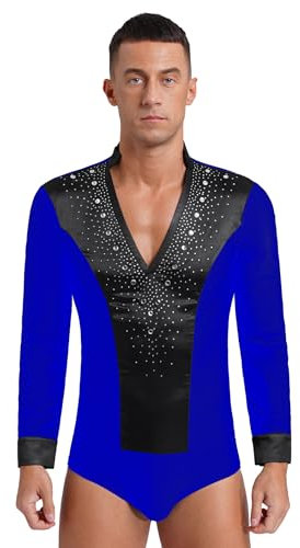 Xnihocha Herren Glänzende Latein Tanzbody Langarm Body Overall Einteiliger Turnen Leotards V-Ausschnitt Trikot Tanz Bekleidung Blau L