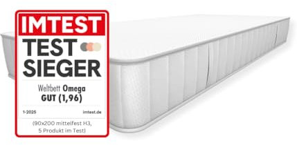 Weltbett „Omega“ Matratze Hybrid Schaum 90 x 200 cm – Wendematratze mit Härtegrad H3/H4, 18 cm Höhe - ergonomisch, hypoallergen, allergikerfreundlich, für jeden Schlaftyp - Made in Germany