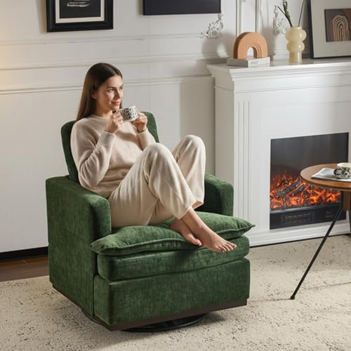 VINGLI 360° Swivel Mid-Century Modern Accent Armchair with Double-Layer Seat Cushions, Comfy Single Square Sofa, Upholstered Club Chair for Living Room,Bedroom, Reading Room, Chenille Green