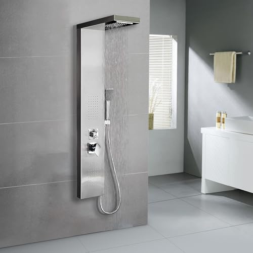 Probility Duschpaneel aus Edelstahl für den Eckeinbau 4 Funktionen mit Handbrause, Regenbrause, 2 Massageduschen, Wasserfallbrause, Geeignet für Eckmontage