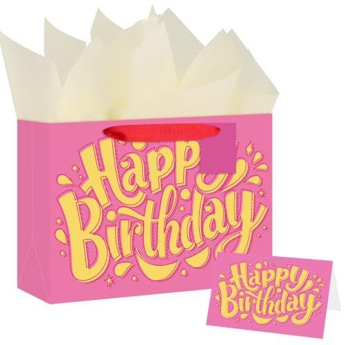Birthday Gift Bags for Presents With Tissue Paper, Card & Tag, Pink | 32 x 22 x 14 Cm; With Reinforced Base And Handles; For Girls, Women, Mums And Friends