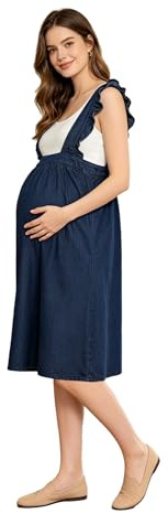 inhzoy Dam mammabyxor jeansklänning moderskap midikjolar flödande moderskap overall klänning denim mammajeans ovanför magen bar, blå, S