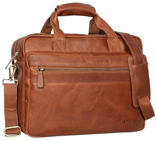 STILORD 'Adventure' Bolso de Piel para portátil de 14 Bolsa de Mensajero o Bandolera para Hombres y Mujeres Maletín para Profesor o Negocios de auténtico Cuero Color:Cognac-marrón