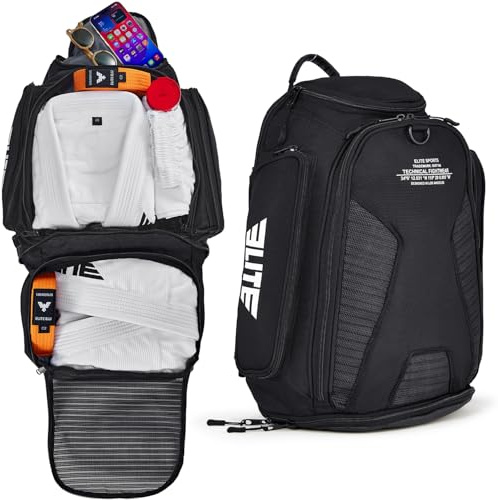 Elite Sports Jiu Jitsu BJJ Jaco Expandable Gym Duffel Backpack Bag for MMA, BJJ, Jiu Jitsu, Boxing Gear, Duffel Athletic Bag (Black), Black, regular, Durable