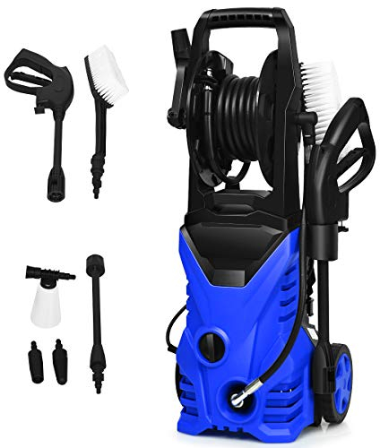 DREAMADE Nettoyeur Haute Pression avec 2 Roues, 140 Bar, 1400W, 5L/Min, 5M Câble, Poignée Ergonomique, Accessoires, Système de Sécurité, pour Voiture, Vélo, Jardin, Terrasse (Bleu)