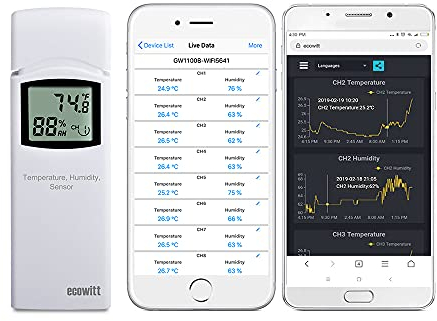 ECOWITT drahtlosem Mehrkanal für Thermometer-Hygrometer, Innen- und Außentemperatur- und Luftfeuchtigkeitsmesser mit LCD-Display, Remote-App-Überwachung, Dip-Schalter zum Umschalten WH31(WN31)