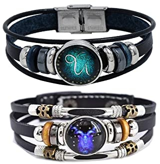 2Pcs Multilayer Constellation Zodiac Leather Bracelet Handmade Woven Zodiac Sign Wrap Bracelet Wristband for Women Men Jewelry Birthday Gift, 01 Style: 21cm(8.26) or 02 Style: 21.7cm(8.5), alloy
