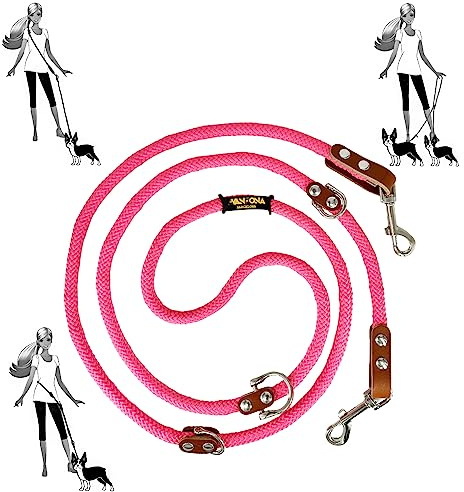 Guinzaglio senza mani per cani, multiposizione, per 2 cani, con cuoio, prodotto in Spagna. Rosa & Cognac.